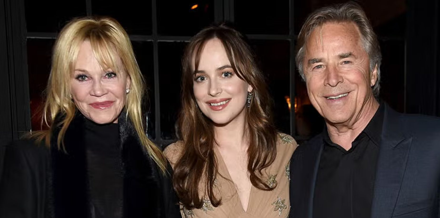 Dakota Johnson parents Melanie Griffith and Don Johnson attending a public event, showcasing the famous Hollywood actors behind the award-winning actress.