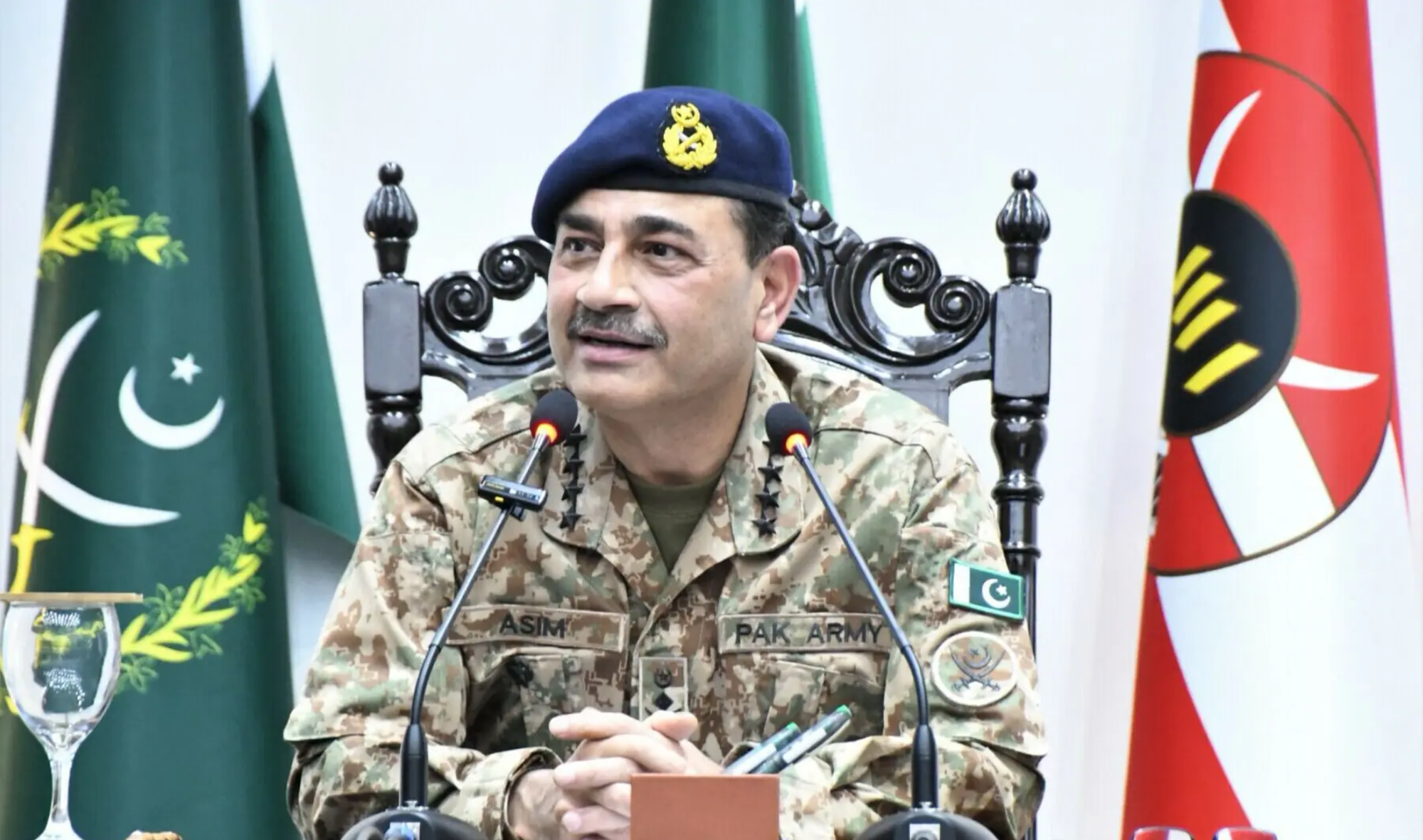 CDF Asim Munir in Pakistan Army uniform during an official military ceremony, highlighting his leadership role and years of service in the country's armed forces.