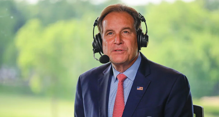 Jim Nantz providing professional commentary from the broadcast booth during a major NFL game.