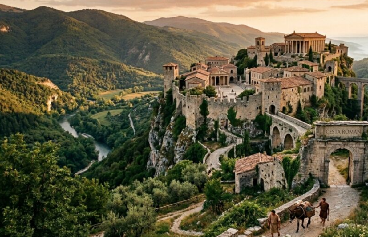 A long ancient stone road in Europe representing Cesta Roman and Roman road system