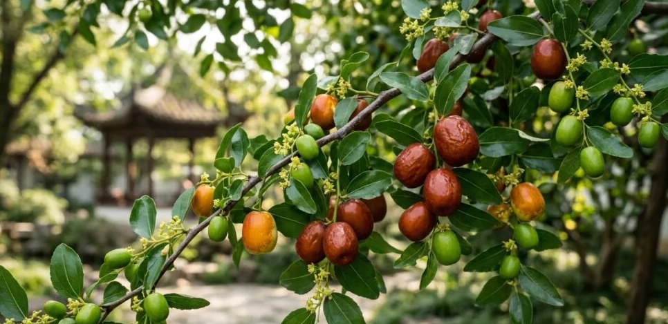 Fresh žižole (jujube fruit) growing on a tree showing green and red stages of ripening