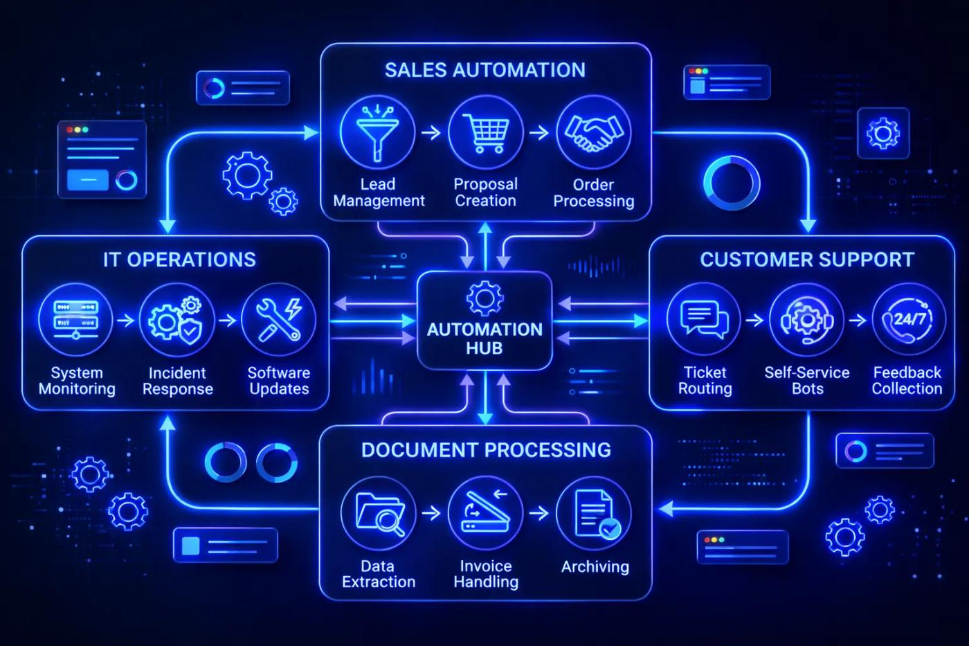 n8n automation use cases across sales, IT operations, and customer support shown as connected workflow diagrams