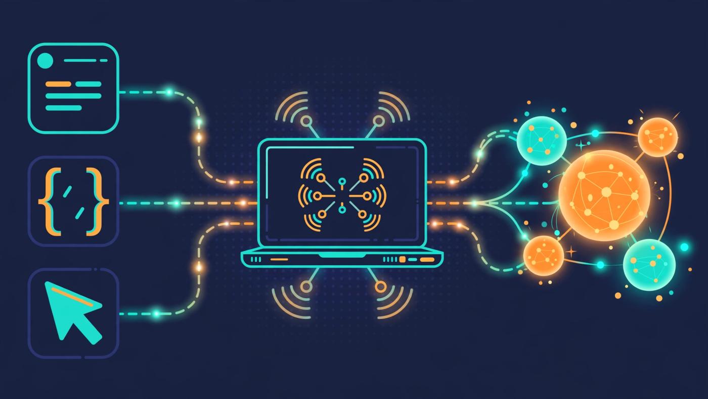 Diagram of coding tools connecting through a local FlagshipRouter gateway on a laptop to free AI models