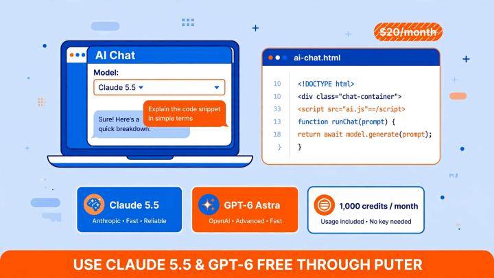 AI chat window with Claude 5.5 model dropdown beside ai-chat.html code, GPT-6 Astra and 1,000 credits per month cards, use Claude 5.5 and GPT-6 free through Puter