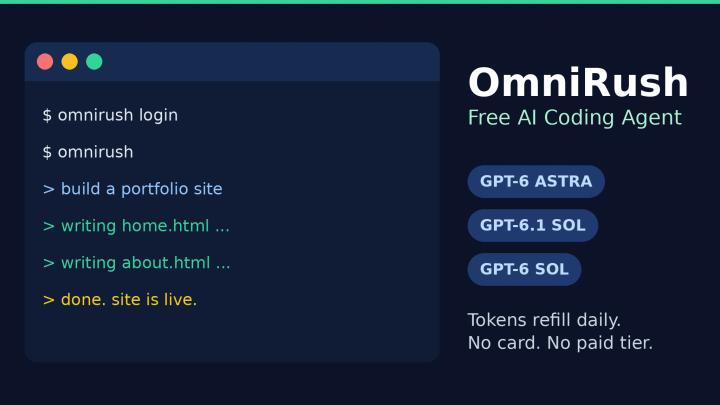 Laptop screen with code editor and AI agent panel, OmniRush free AI coding agent setup guide