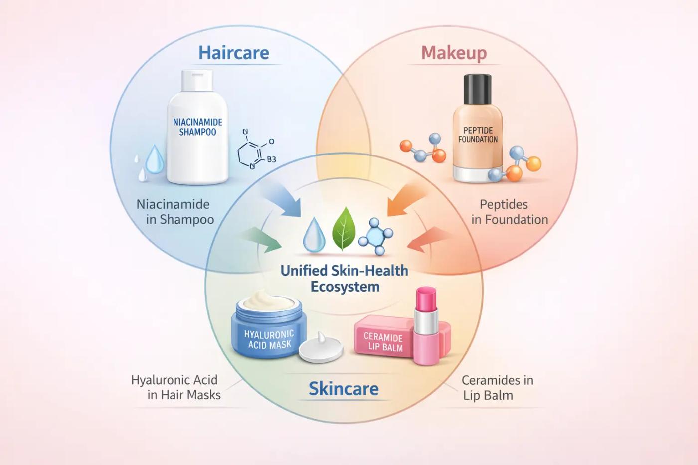 Skincare haircare makeup convergence with niacinamide, peptides, and ceramides in one unified beauty system