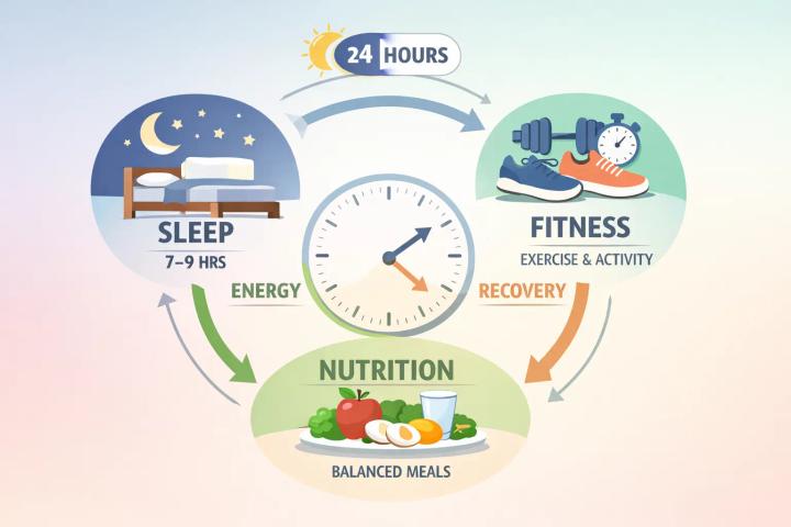 Everyday health guide showing sleep, nutrition, and fitness as one connected daily system with a 24-hour timing framework