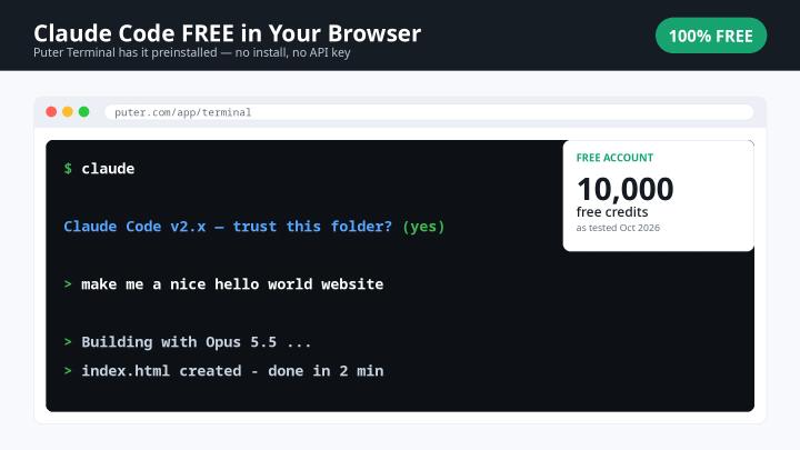 Claude Code running free inside Puter Terminal in a browser window, October 2026