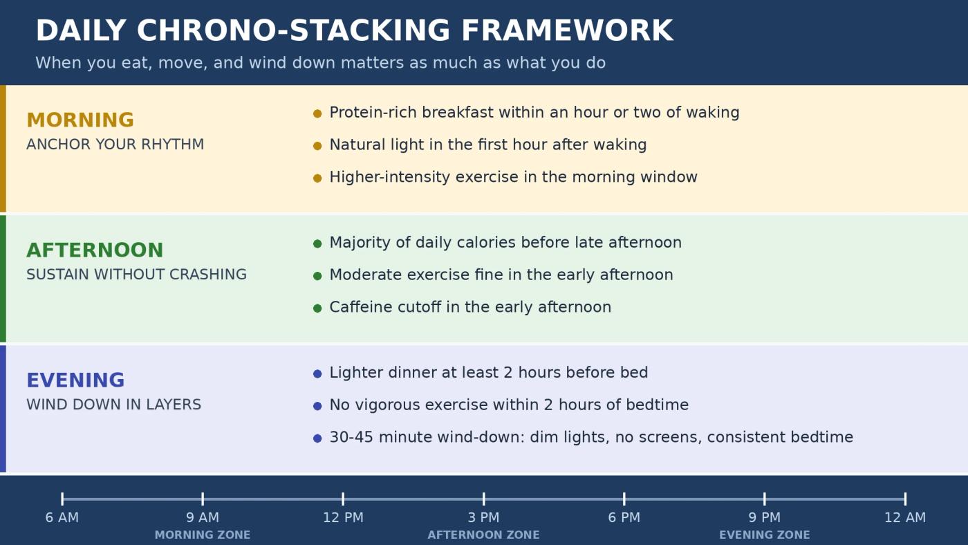 Chrono-stacking framework showing morning, afternoon, and evening timing windows for sleep, nutrition, and fitness habits