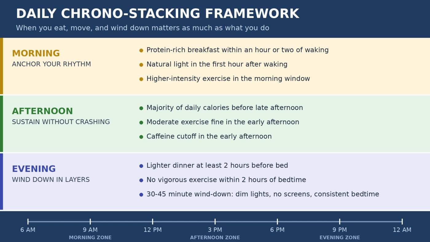 Chrono-stacking framework showing morning, afternoon, and evening timing windows for sleep, nutrition, and fitness habits