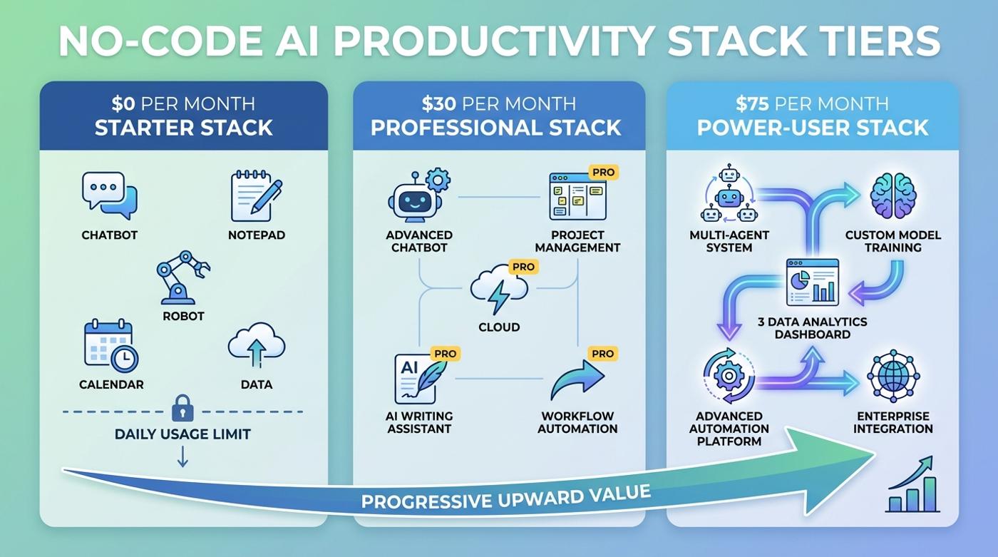 No-code AI productivity stack cost comparison across $0, $30,  and $75 monthly tiers for daily professional use