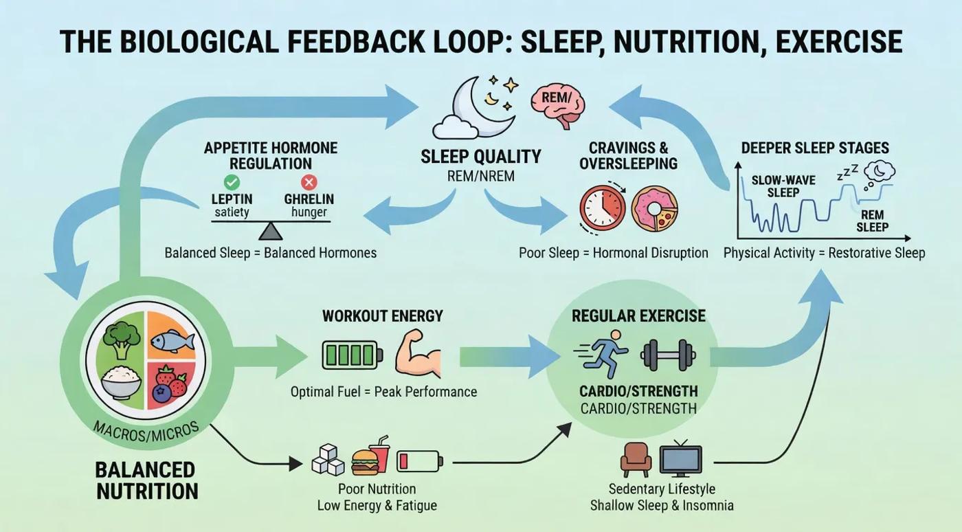 Biological feedback loop showing how sleep, nutrition, and fitness reinforce each other through hormone and energy regulation