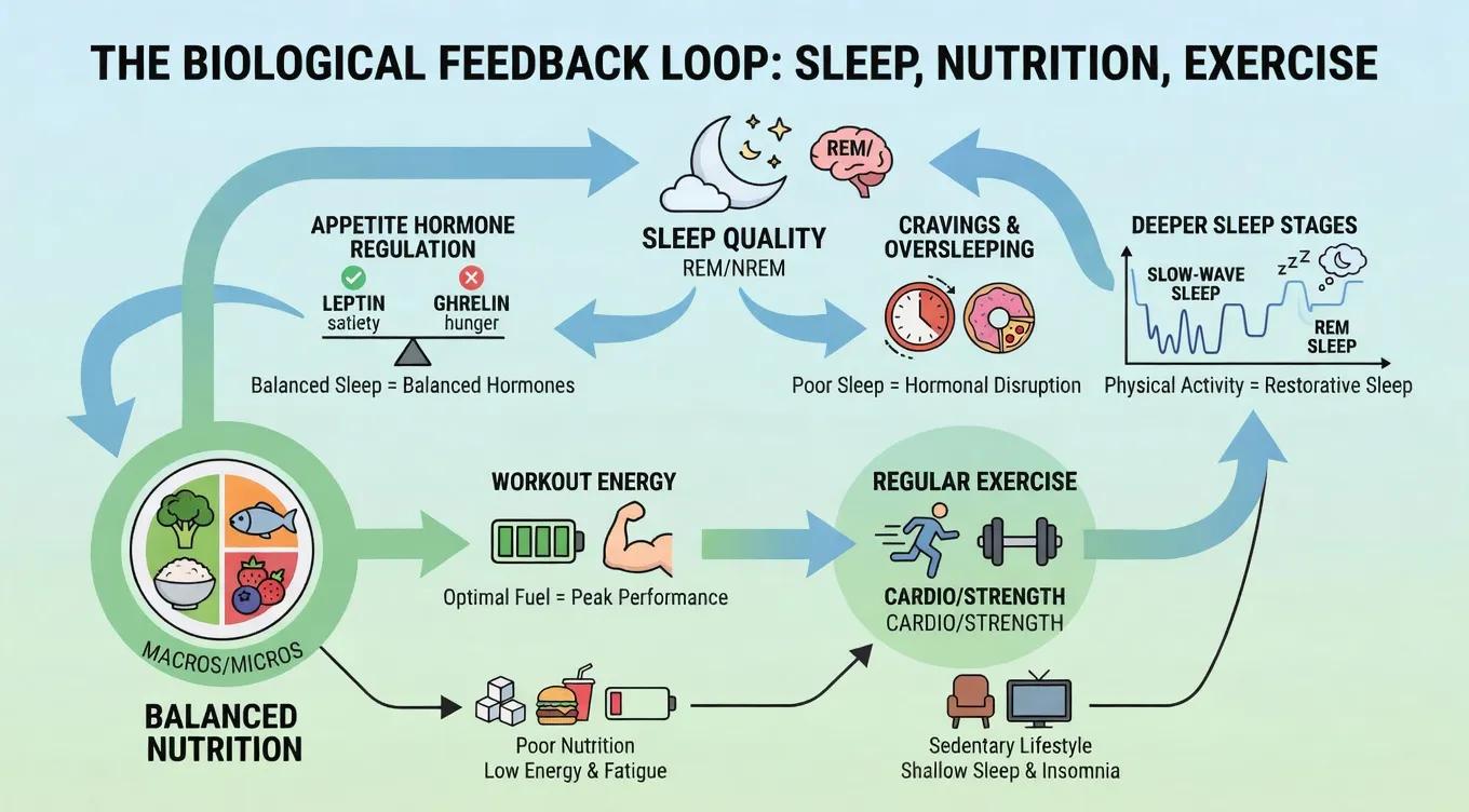 Biological feedback loop showing how sleep, nutrition, and fitness reinforce each other through hormone and energy regulation
