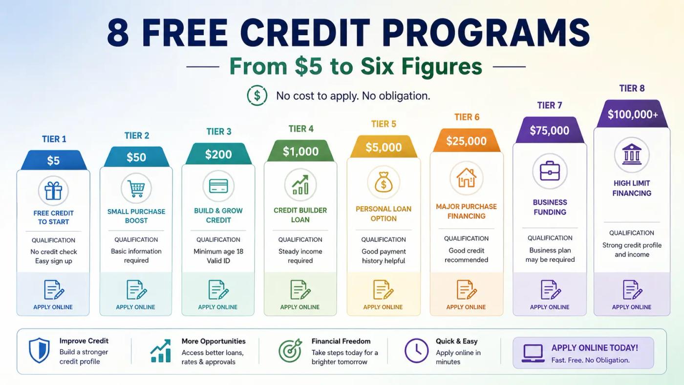 Diagram comparing eight free Claude API credit programs by amount and eligibility in 2026