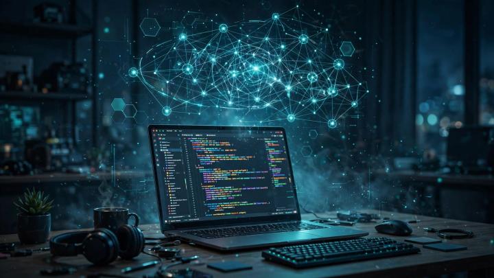 Developer desk with code on a laptop and a glowing AI network above it, GPT-6 Astra free coding setup