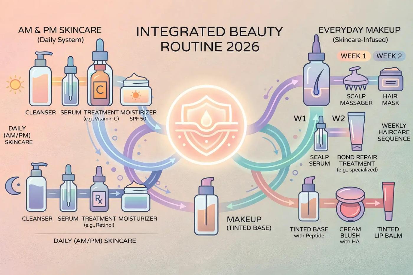 Step-by-step 2026 beauty routine covering AM PM skincare, weekly scalp care, and skincare-infused makeup