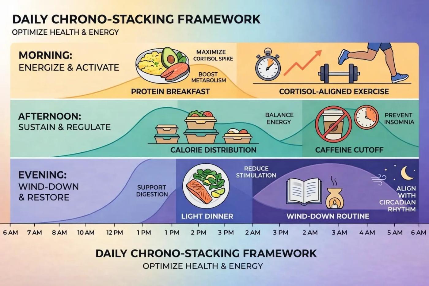 Daily chrono-stacking framework showing morning, afternoon, and evening timing zones for sleep, nutrition, and fitness habits
