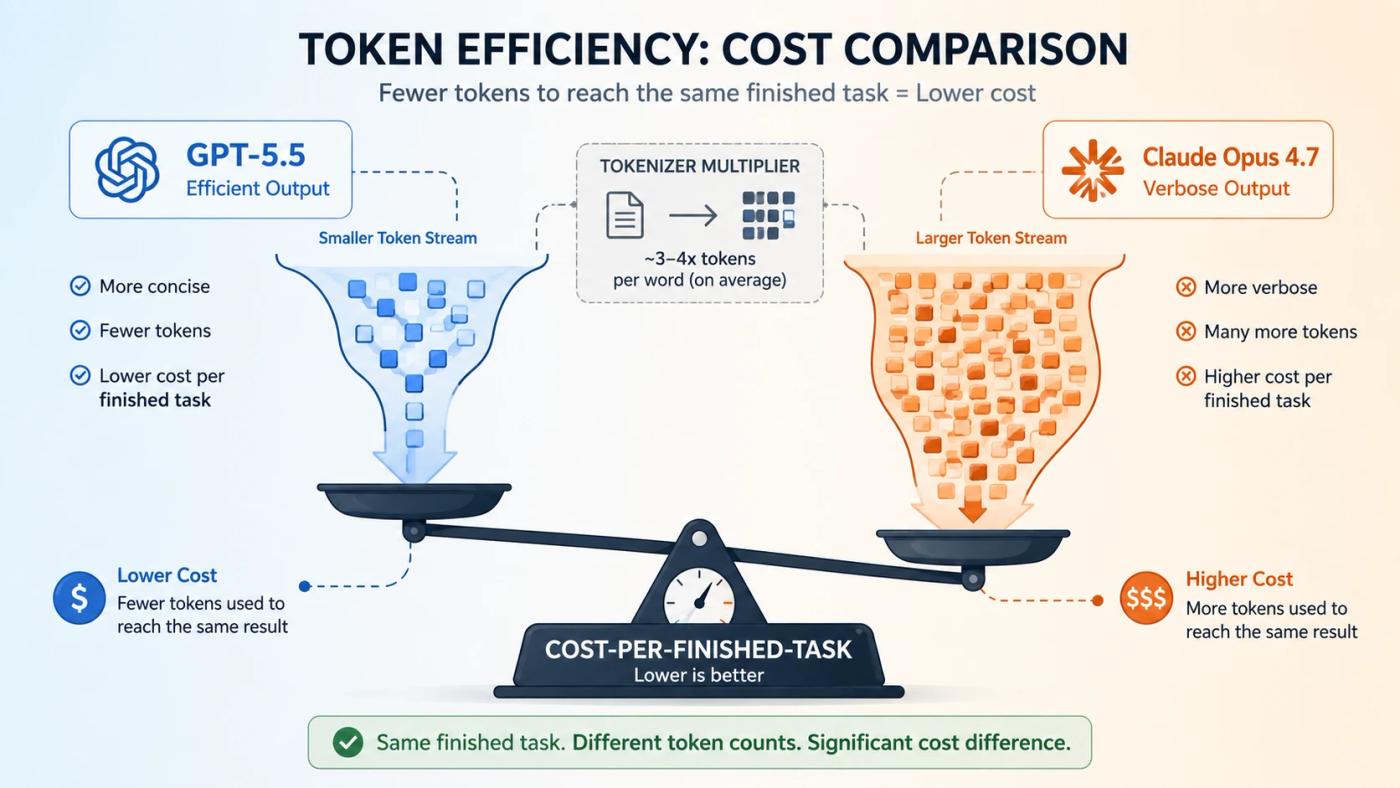 AI token efficiency comparison for Claude vs ChatGPT 2026 showing cost per finished task balance