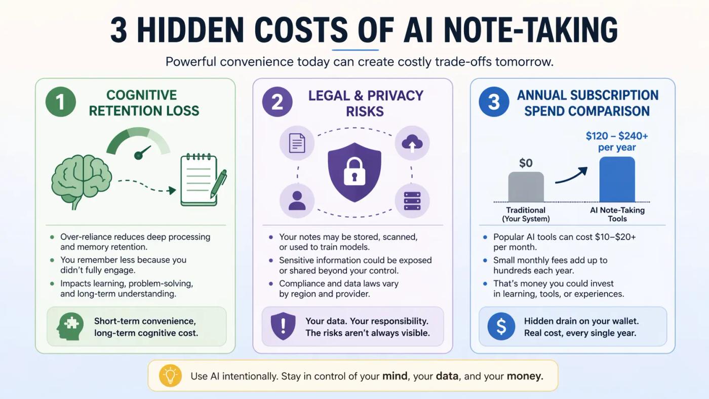 Hidden costs of AI note-taking for students in 2026 including cognitive, legal, and subscription risks