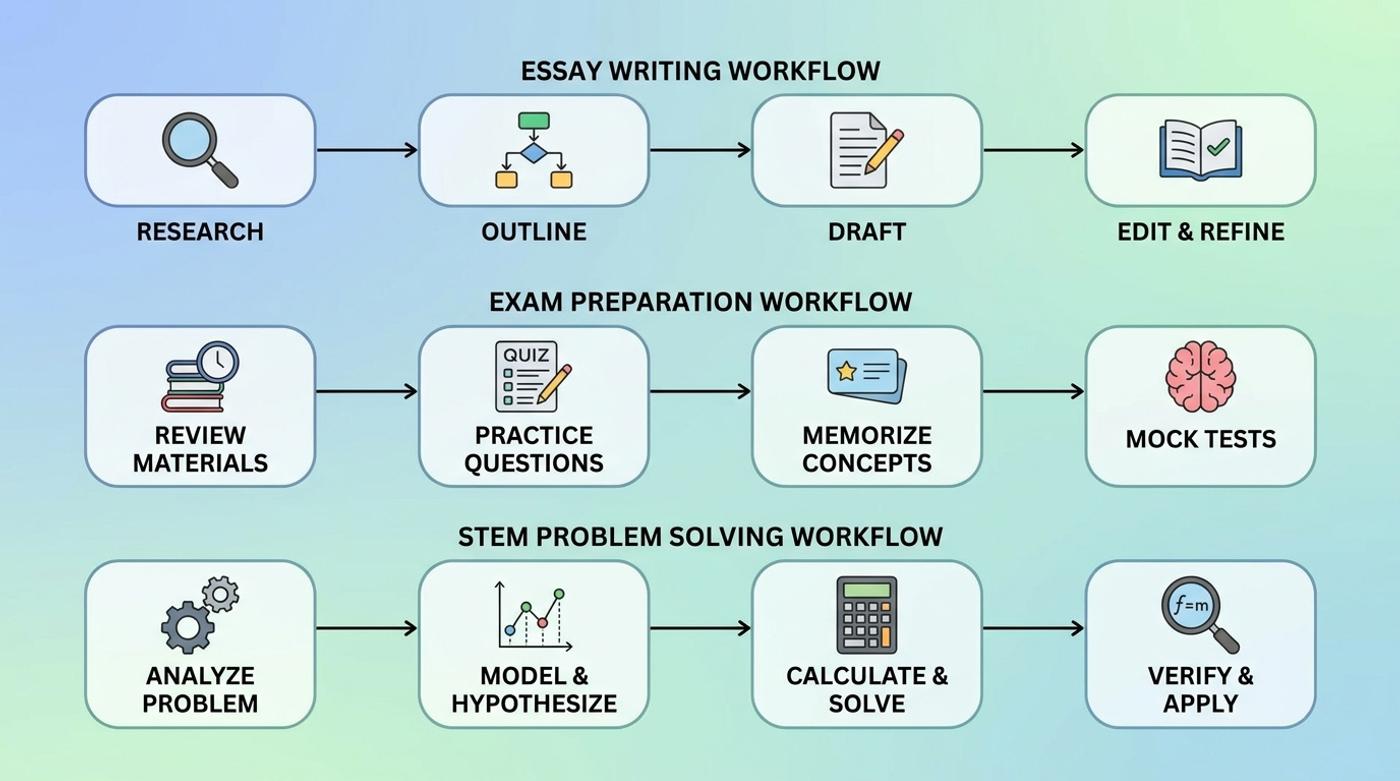 Three AI study workflows for essays, exam prep, and STEM problem solving using chained tools