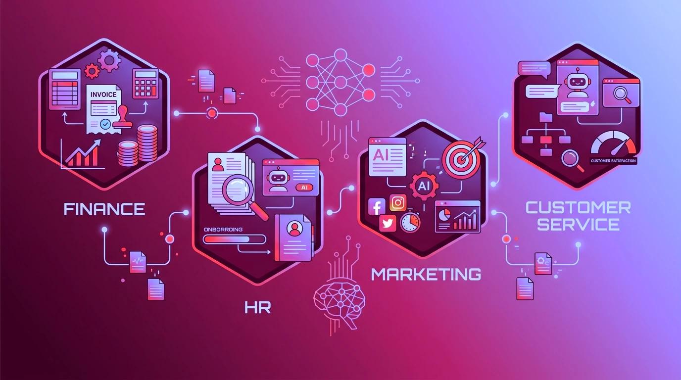 AI automation use cases across business functions including finance HR and marketing