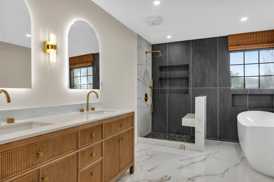Completed Jefferson Avenue master bathroom — curbless shower with linear drain, freestanding soaking tub, double vanity with quartz countertop