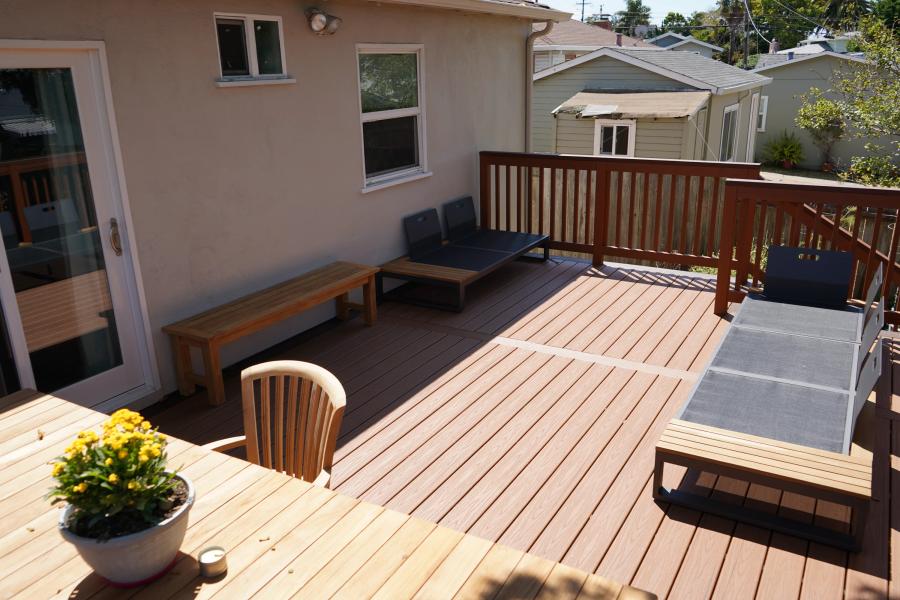 Completed two-tone composite deck — Redwood City Woodside Road corridor project by Bark and Build