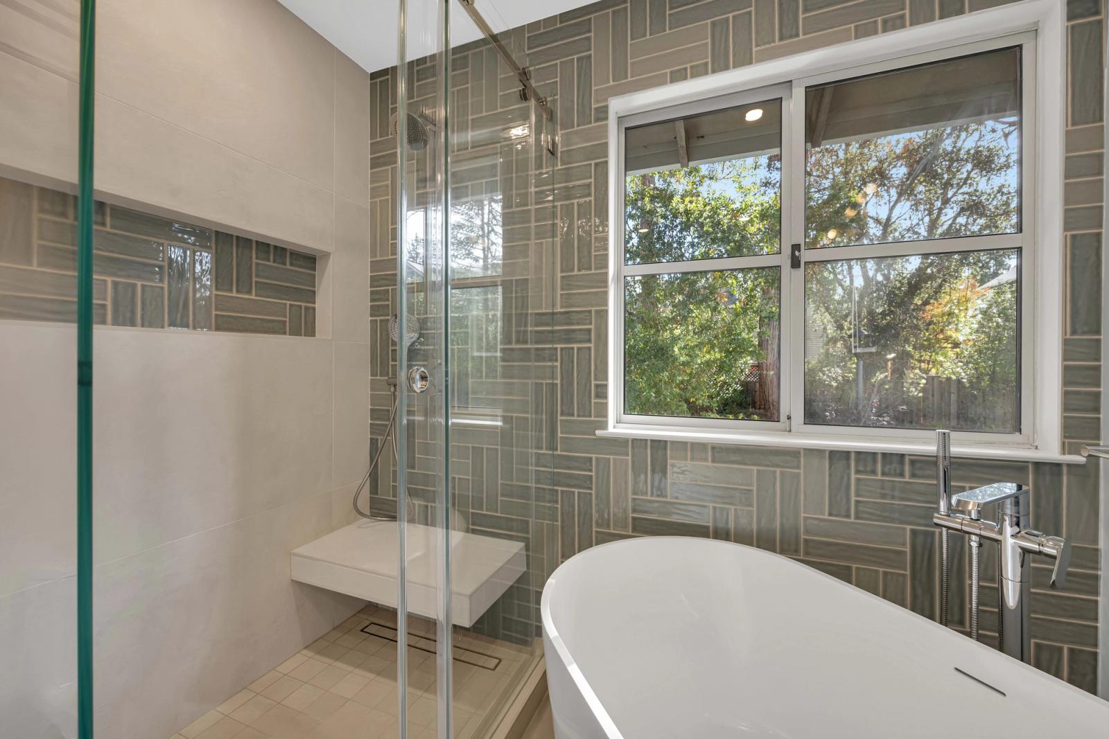 Three-bathroom remodel at 1 Ryan Ct Stanford, master bathroom with freestanding tub and custom tile