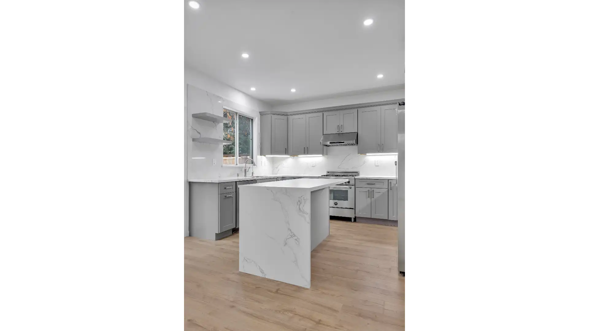 Modern kitchen design — waterfall island and under-cabinet LEDs