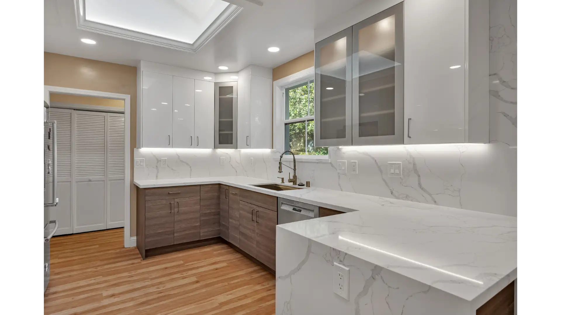 Completed open concept kitchen design — continuous sightlines and optimized work triangle