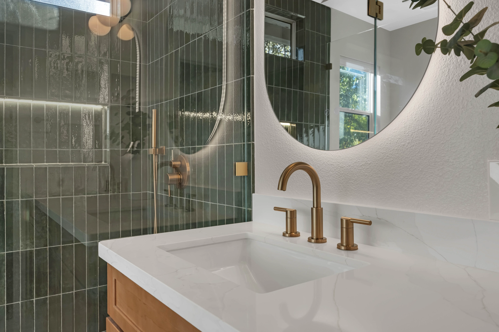 Chestwood Dr bathroom detail, brass fixtures on green glazed tile