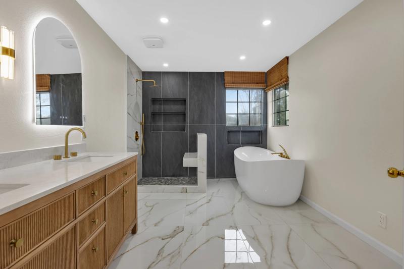 Master bath, wide view showing full shower and tub arrangement