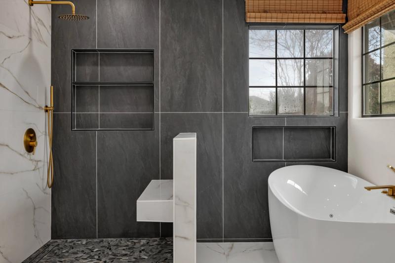 Master bath, additional angle showing material palette