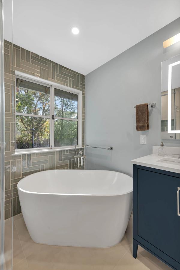 Master bath, tub and vanity from shower perspective