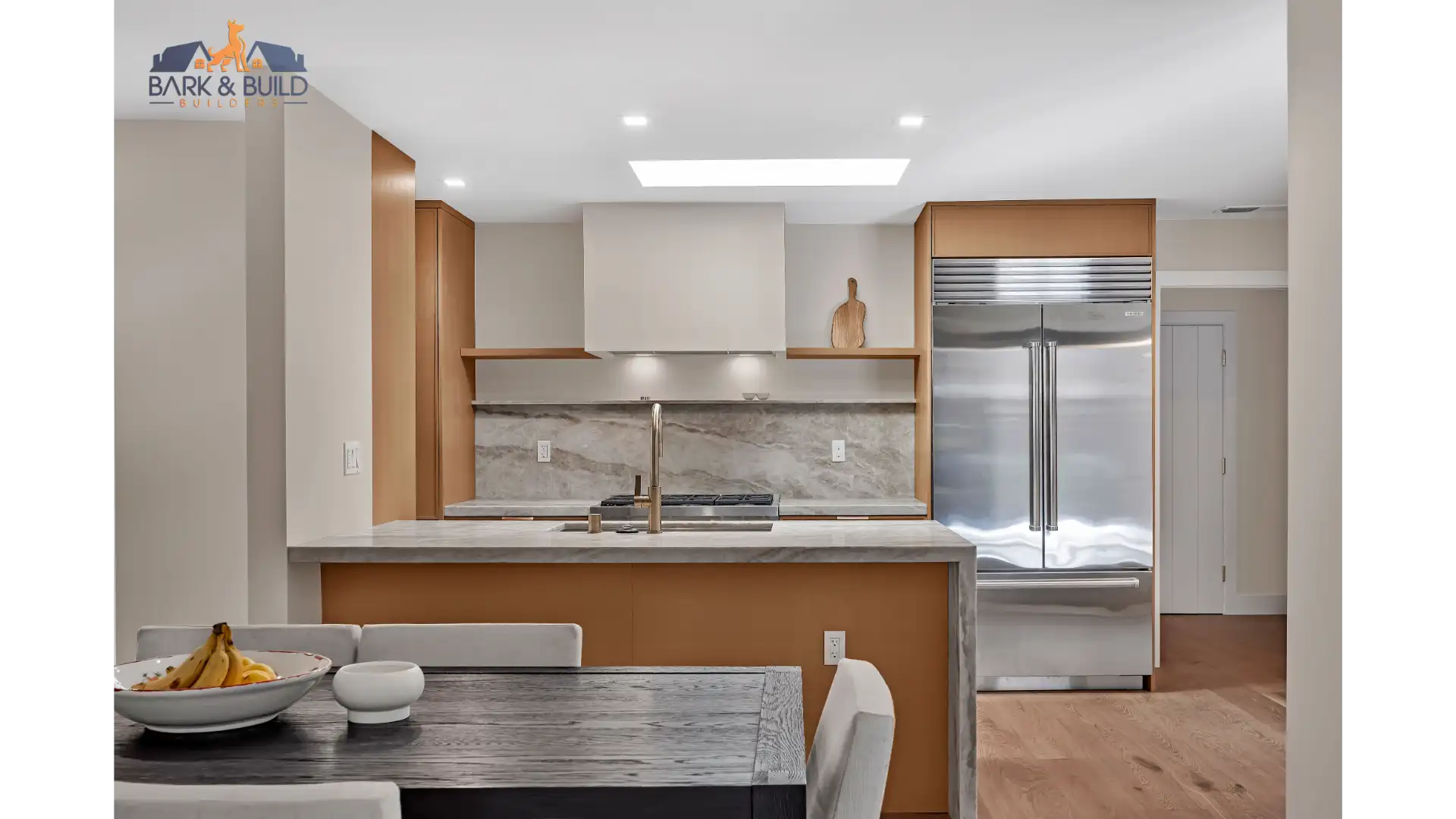 Completed Mount Carmel bungalow kitchen — open concept with 9-foot island and hidden LVL beam