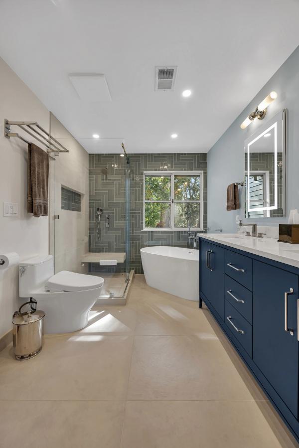 Master bathroom at 1 Ryan Ct Stanford, complete renovation with custom tile and freestanding tub