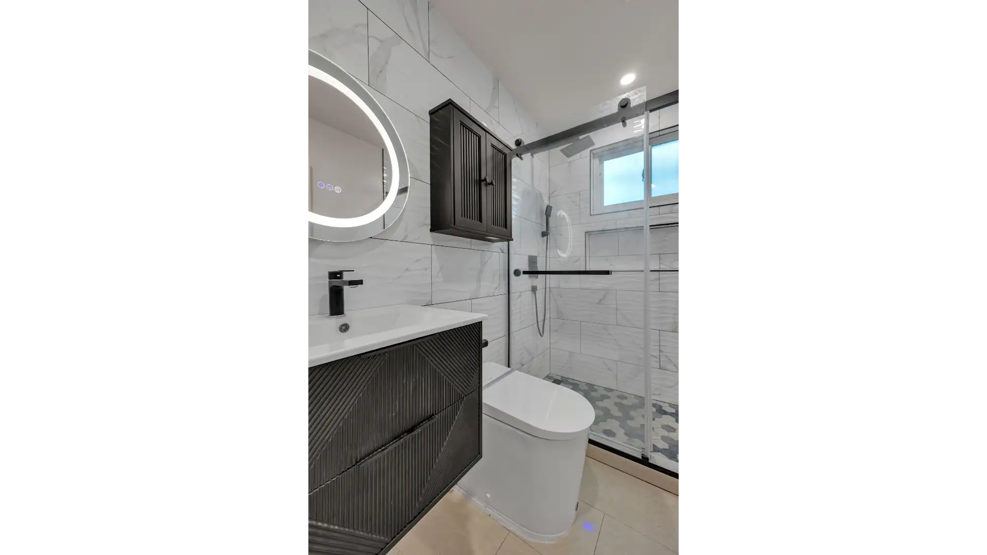 Master bathroom, luxury renovation with premium tile and fixtures