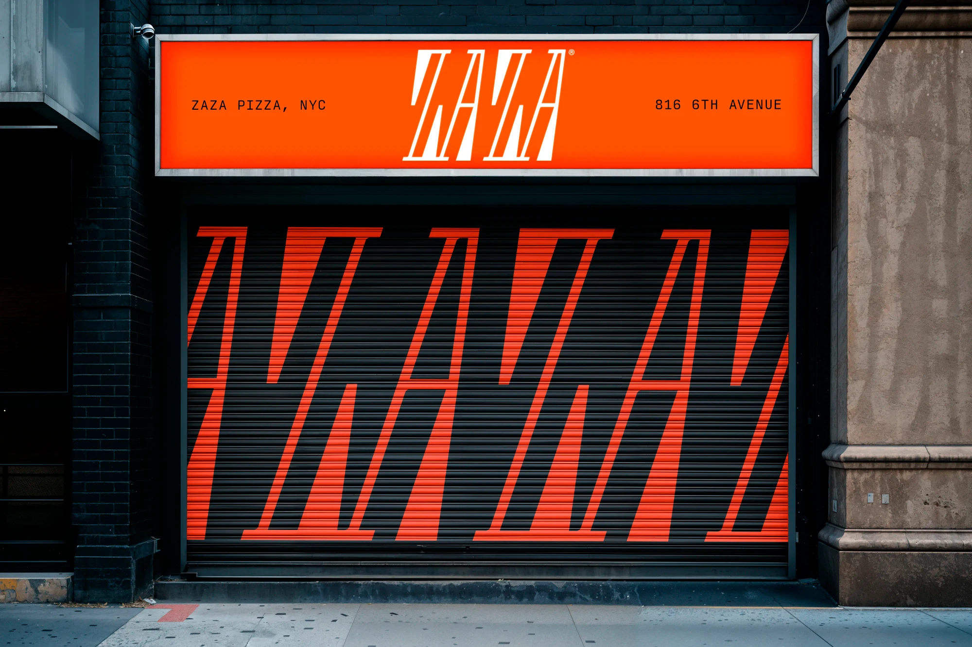 An exterior mockup of the ZaZa restaurant exterior signage with large repeating logo across the shutters.