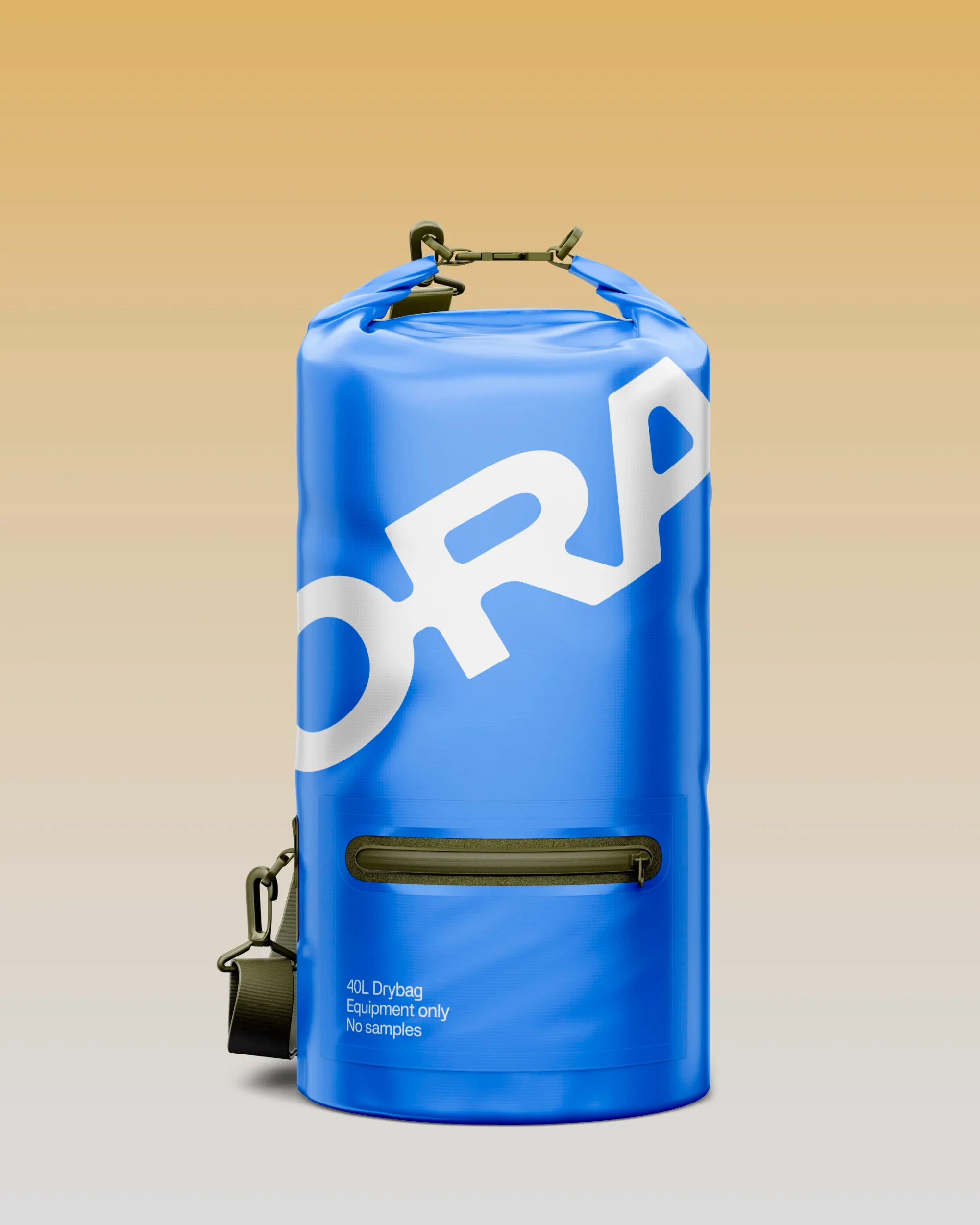 An ORA branded blue dry bag with oversized logo.