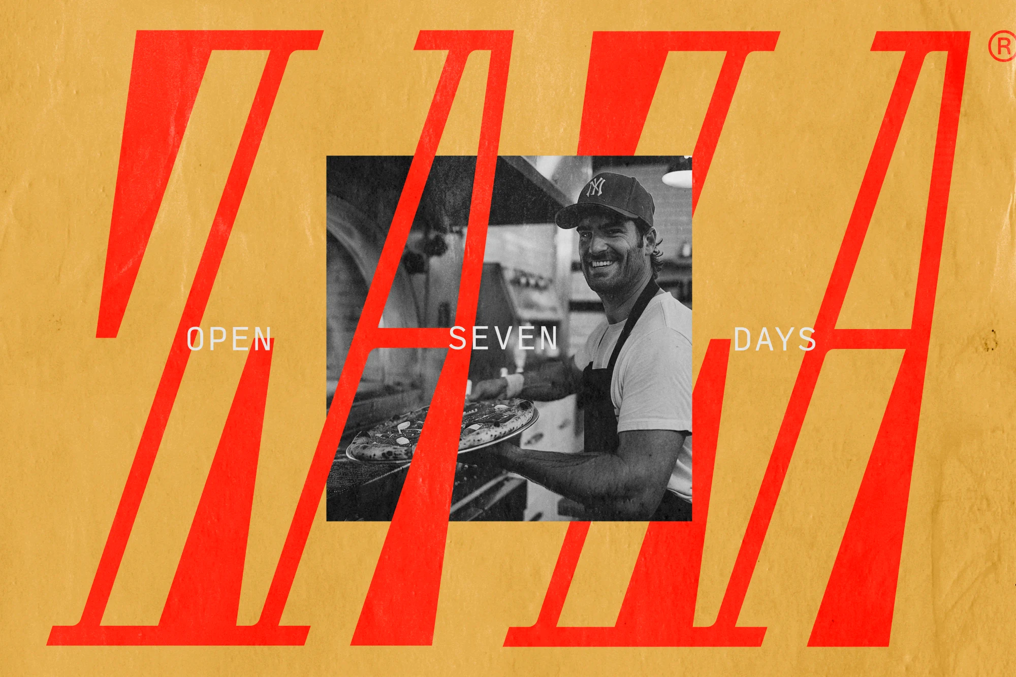 A large red geometric ZaZa logo is intersected with a black and white photo of the restaurant owner.