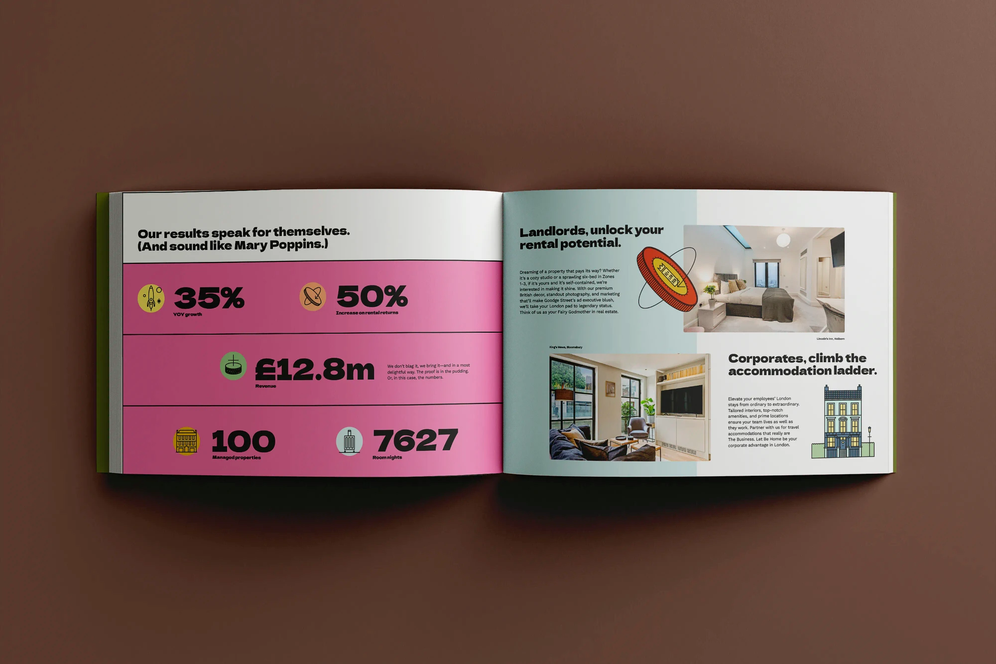 An open spread of Be London's sales brochure, featuring a bright and bold design.