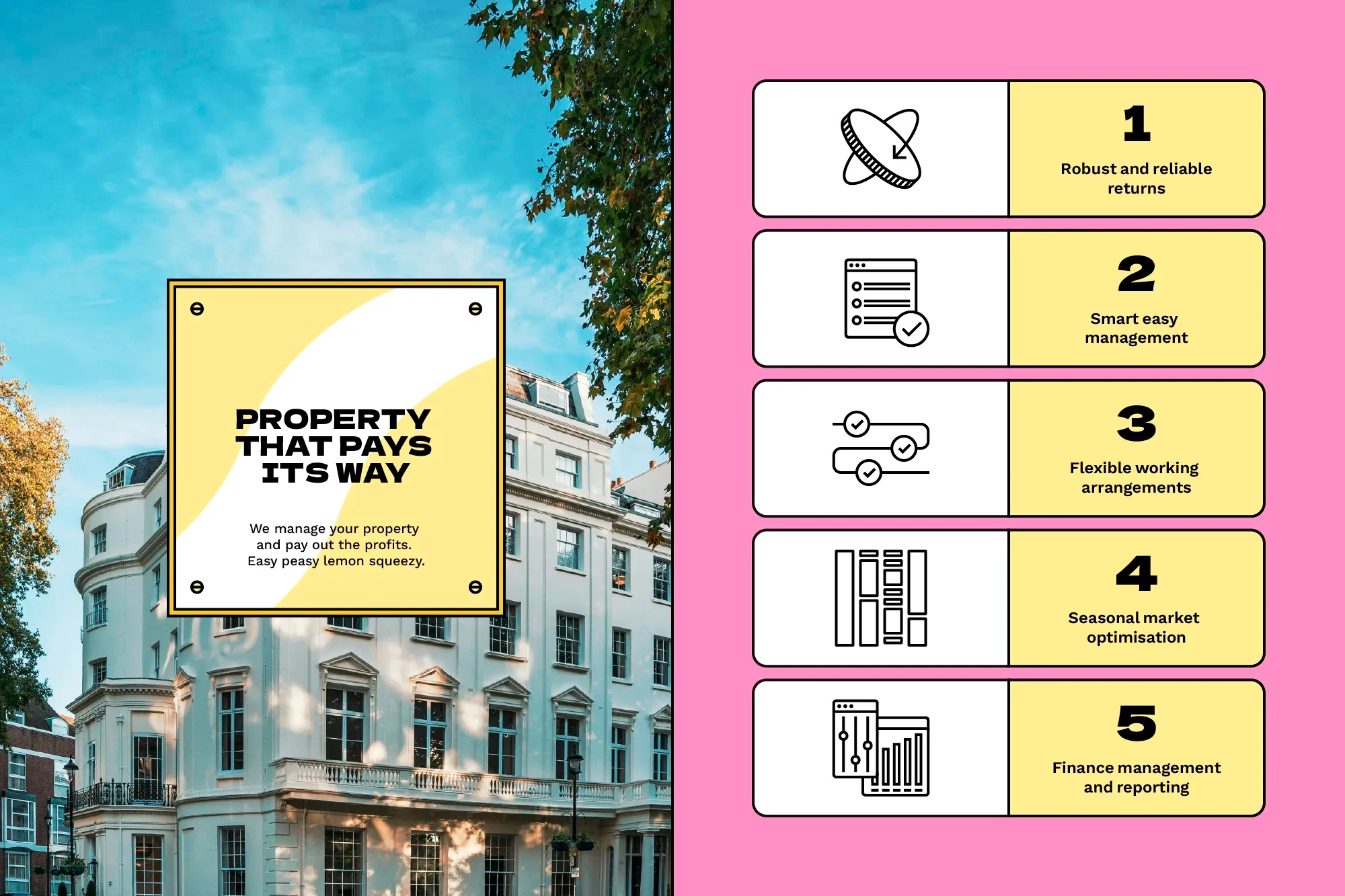 5 columns, each with a different benefit to landlords.