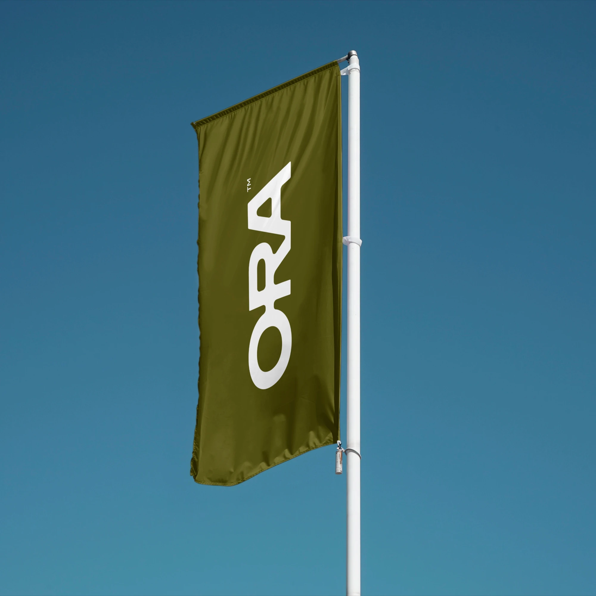 A green flag emblazoned with the ORA logo flutters in the breeze.