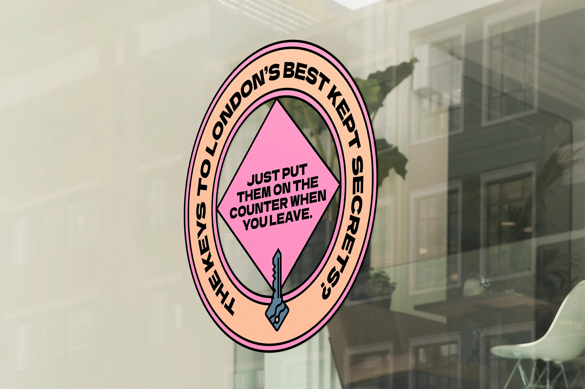 Be London's window display, featuring a bold and colourful graphic.