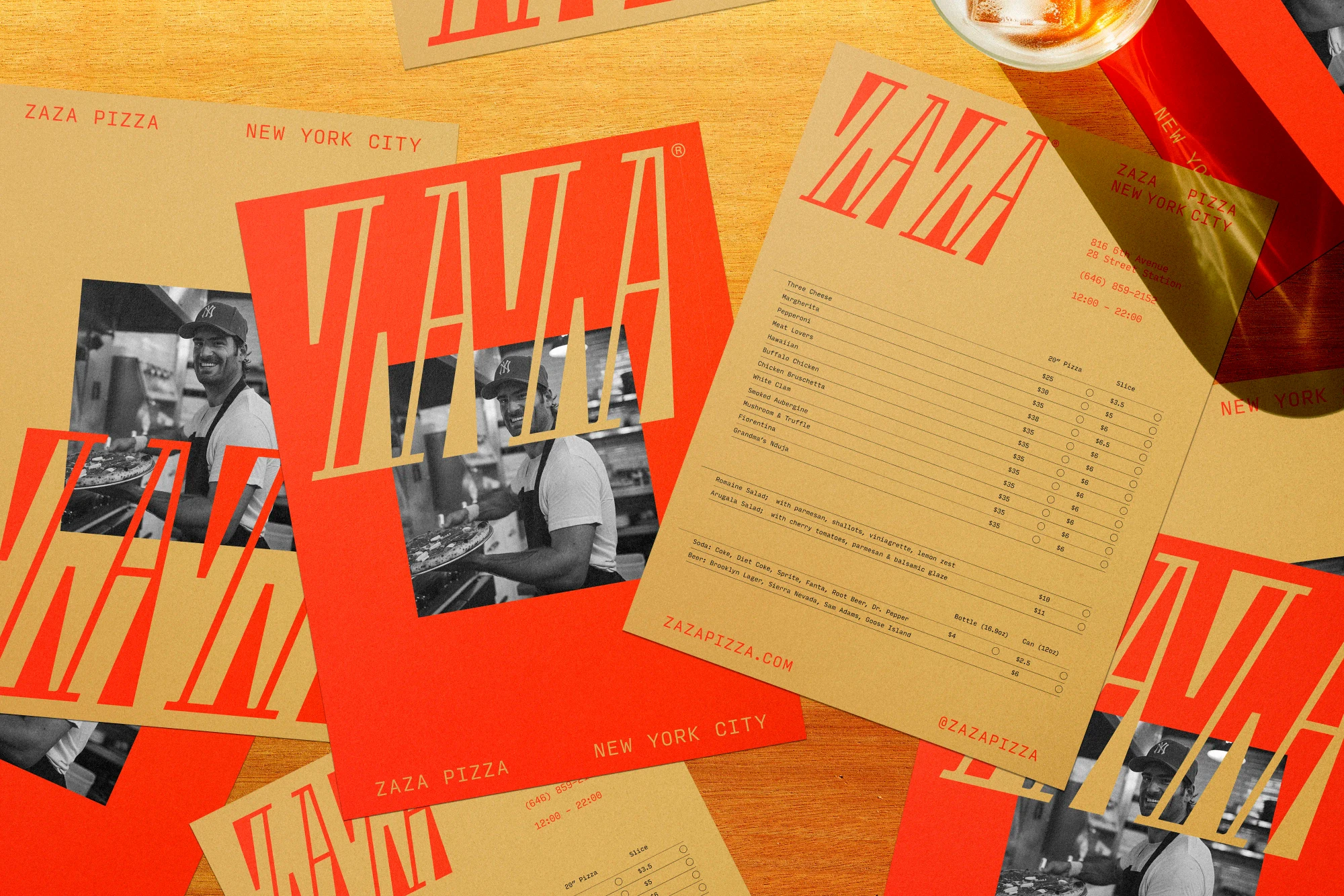 Red and tan flyers litter a table.