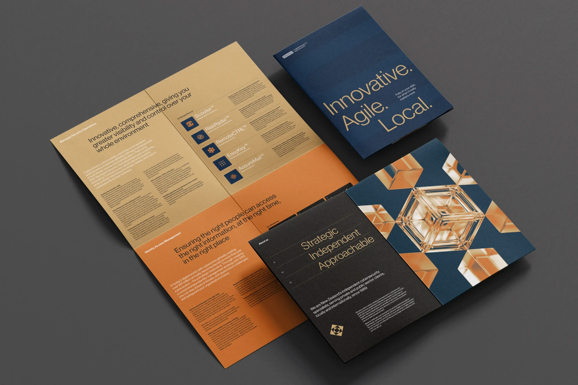 A display of various folded and unfolded triple-s brochures