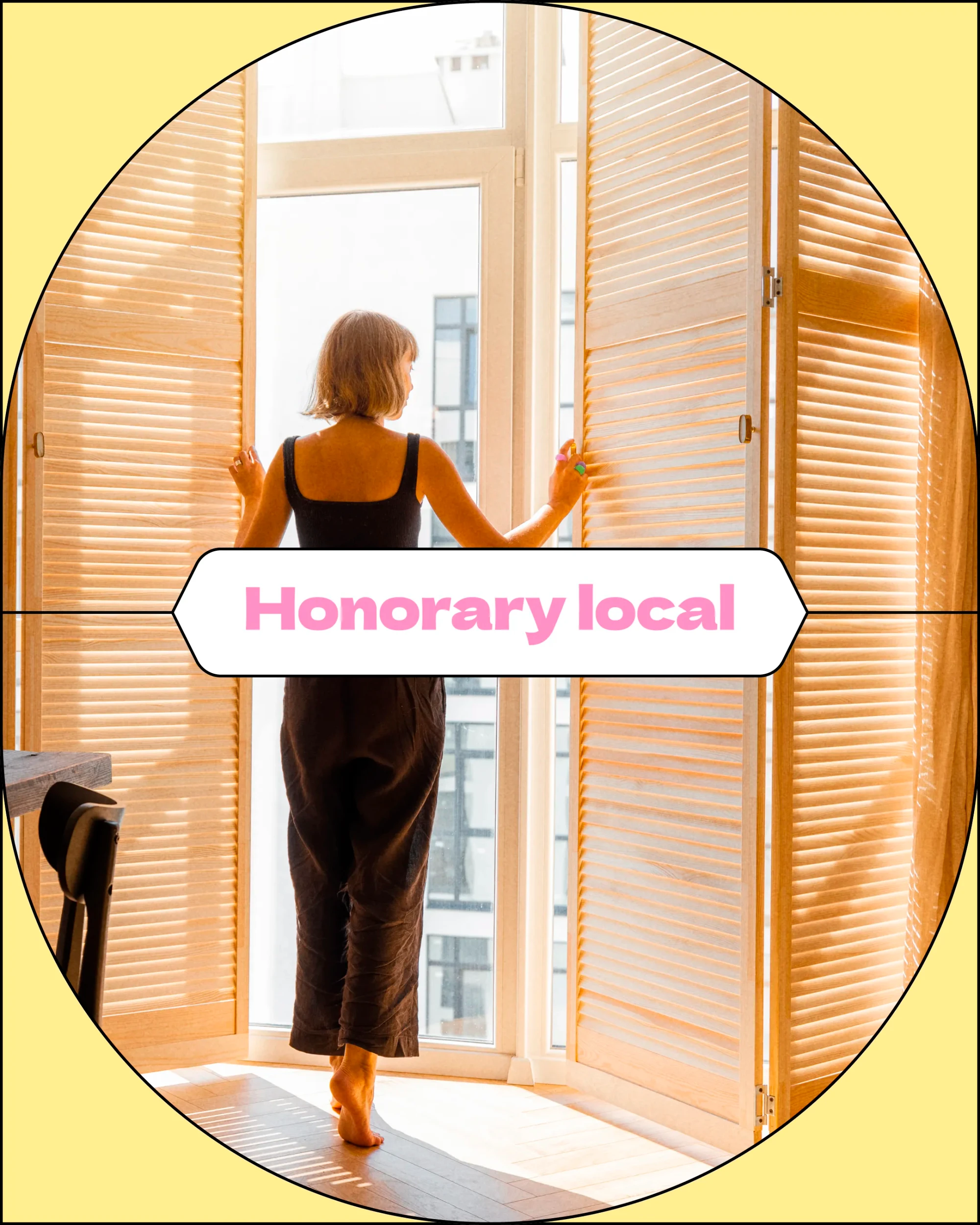 A graphic image shows a young woman at a window, with the text 'Honorary local'.