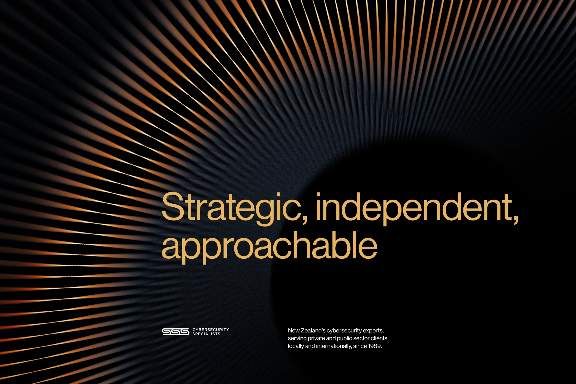 Abstract gradient lines disappear into black, with large impactful text stating 'strategic, independent, approachable'