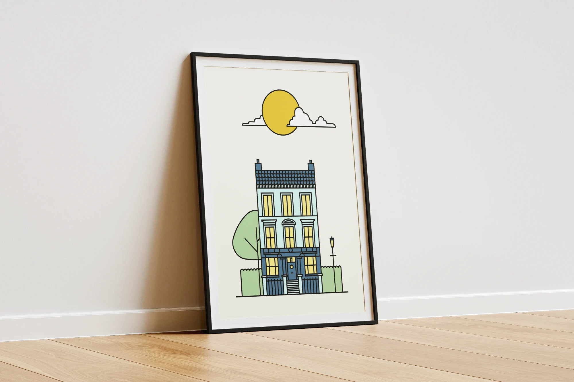 A large poster, of the recognisable Be London house design sits in a beautiful bright apartment.