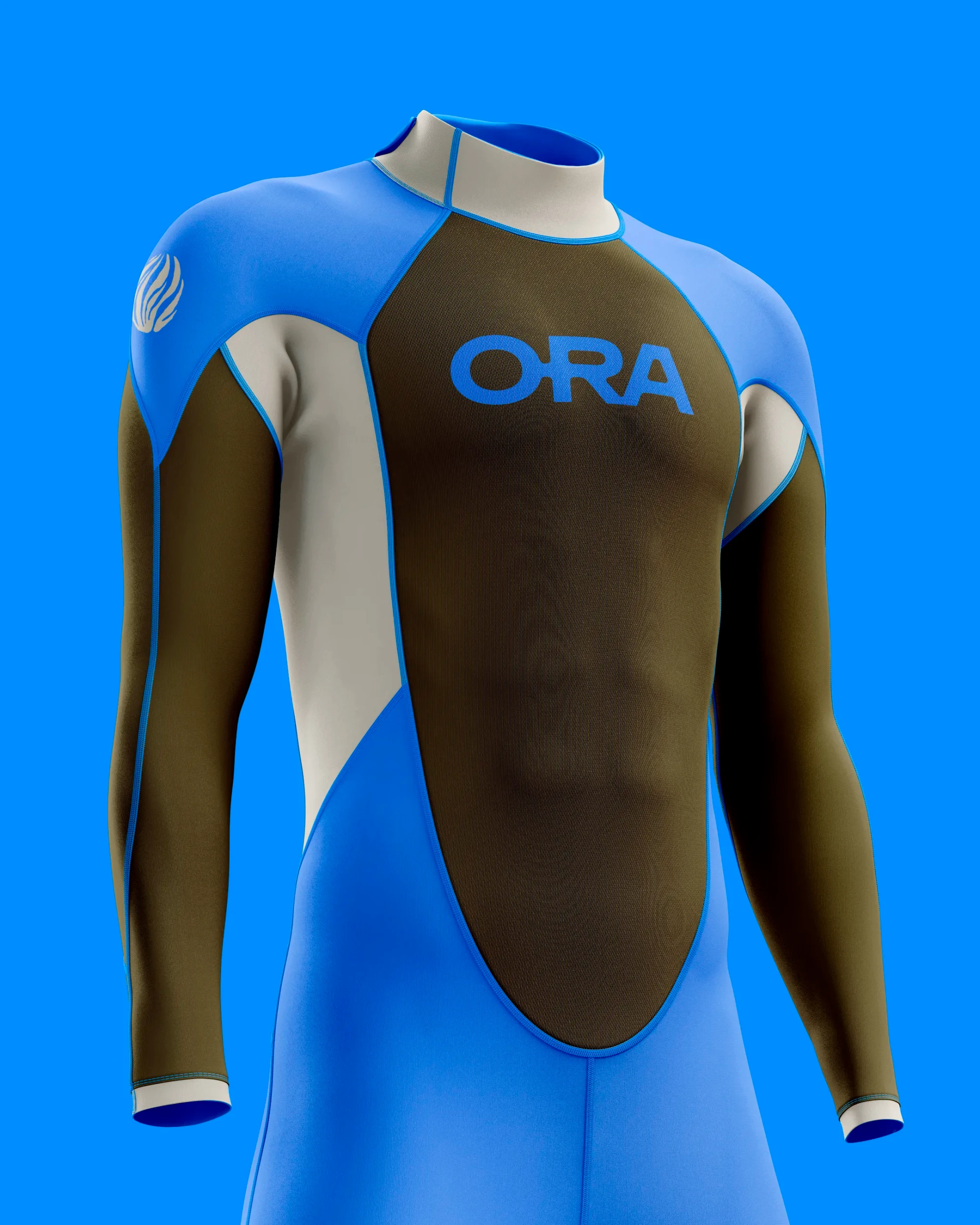 An ORA branded wetsuit, branded in Venture Blue and Kelp Green.